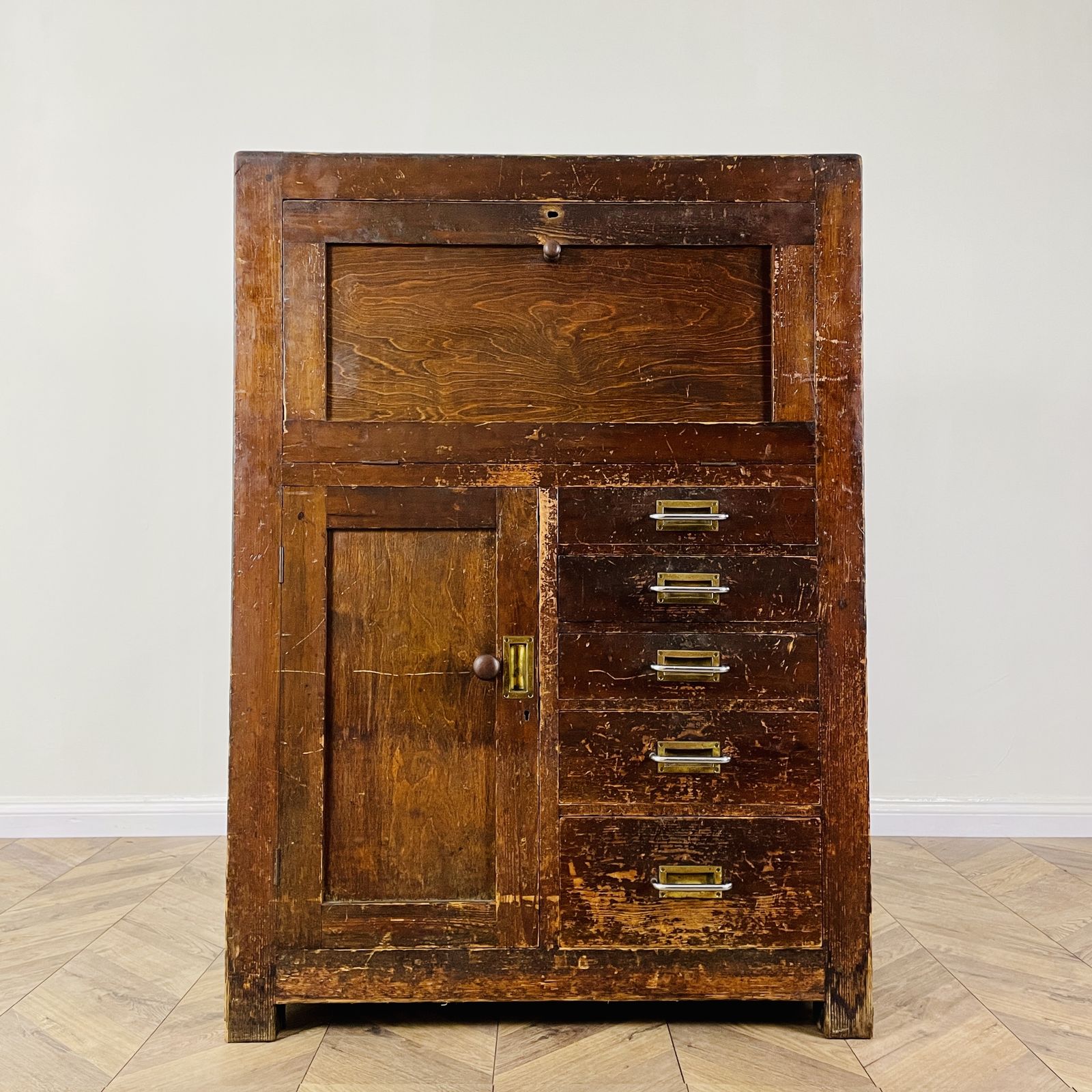 995.0 Large Industrial Workshop Cabinet With Brass Handles + Glass Top, 1920s photo
