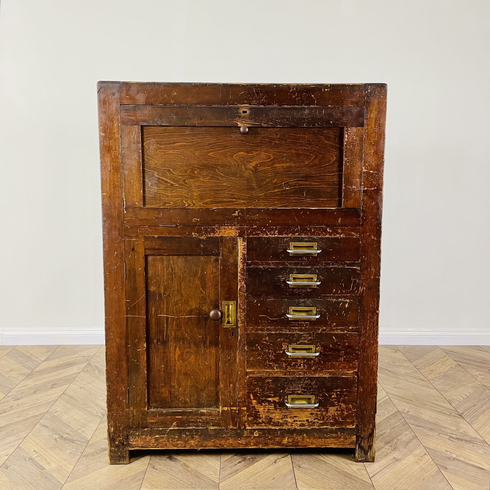 Large Industrial Workshop Cabinet With Brass Handles + Glass Top, 1920s