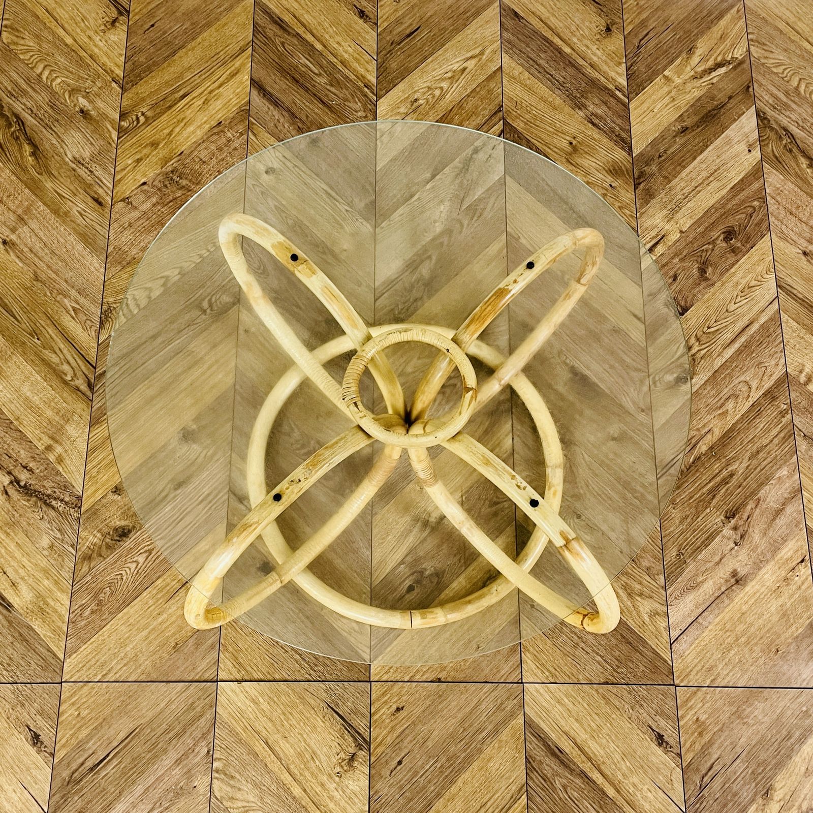 Vintage Mid Century Bamboo + Glass Coffee Table, 1970s photo for sale