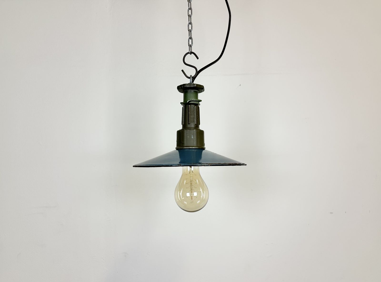 Industrial Blue Enamel Factory Pendant Lamp With Cast Aluminium Top, 1960s photo for sale