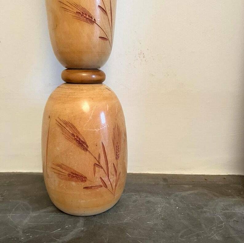 Large Signed Japanese Kokeshi Doll With Wheat Sheaf Engravings photo Home Decor