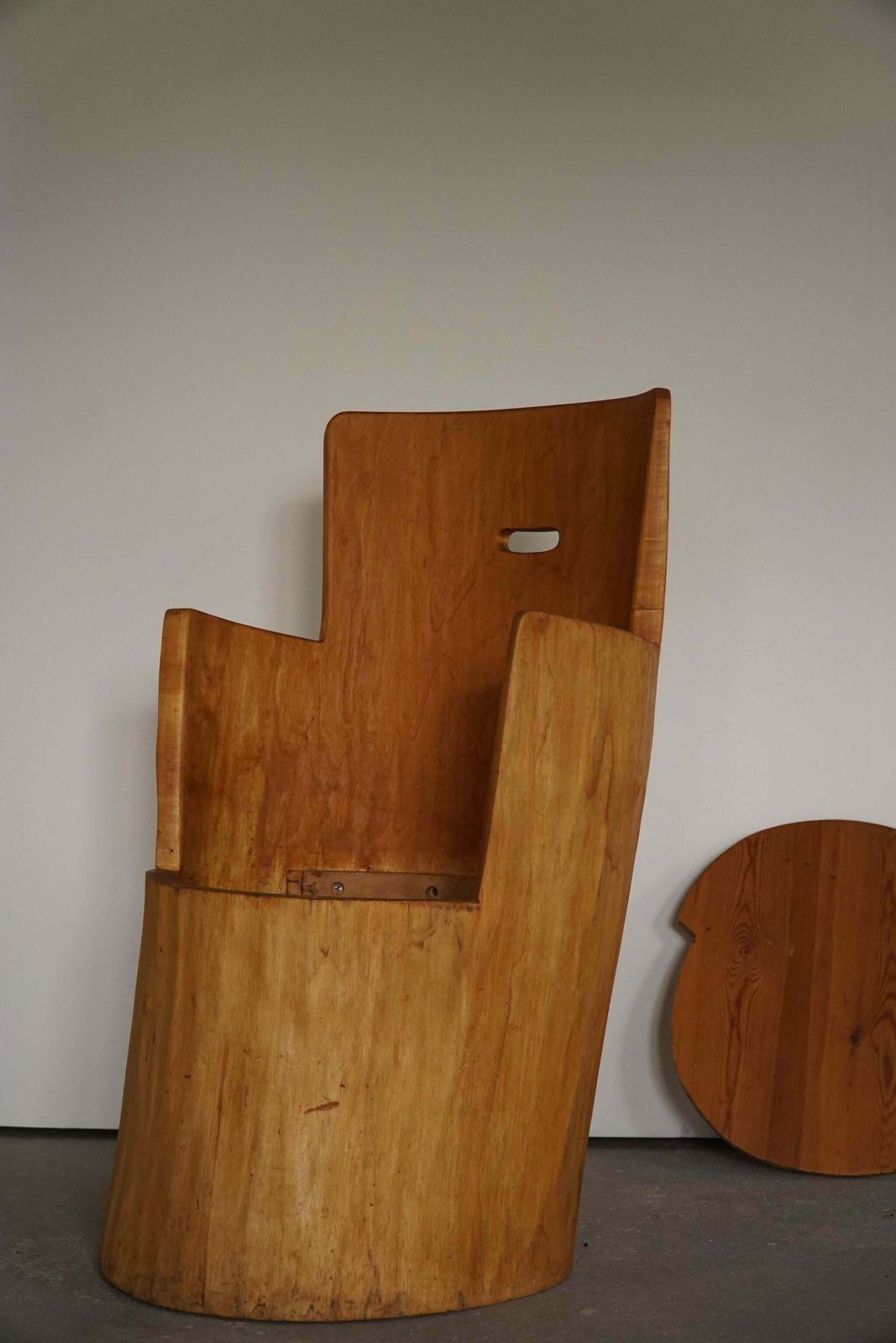 photo for sale Mid Century Sculptural Carved Brutalist Stump Chair In Solid Pine, Swedish, 1960