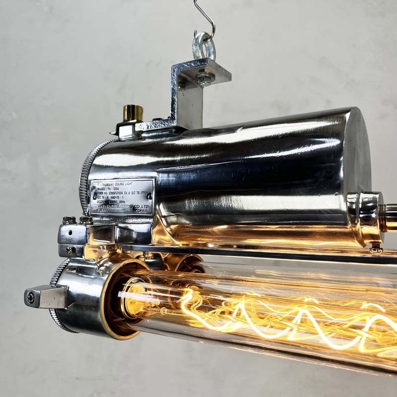 1970s Industrial Polished Aluminium Brass & Glass Edison Flameproof Strip Light photo vintage