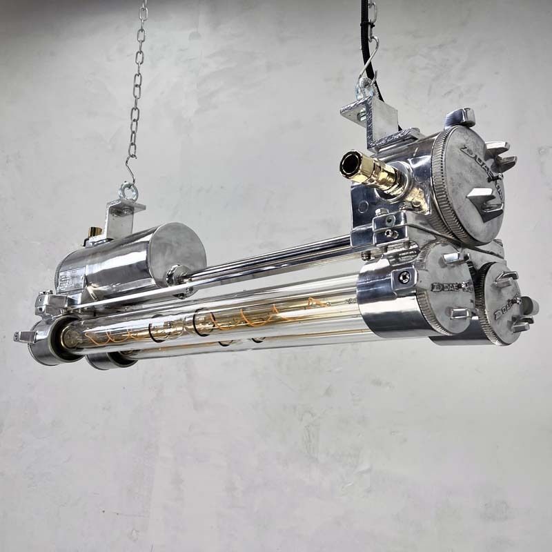 Lighting 1970s Industrial Polished Aluminium Brass & Glass Edison Flameproof Strip Light photo