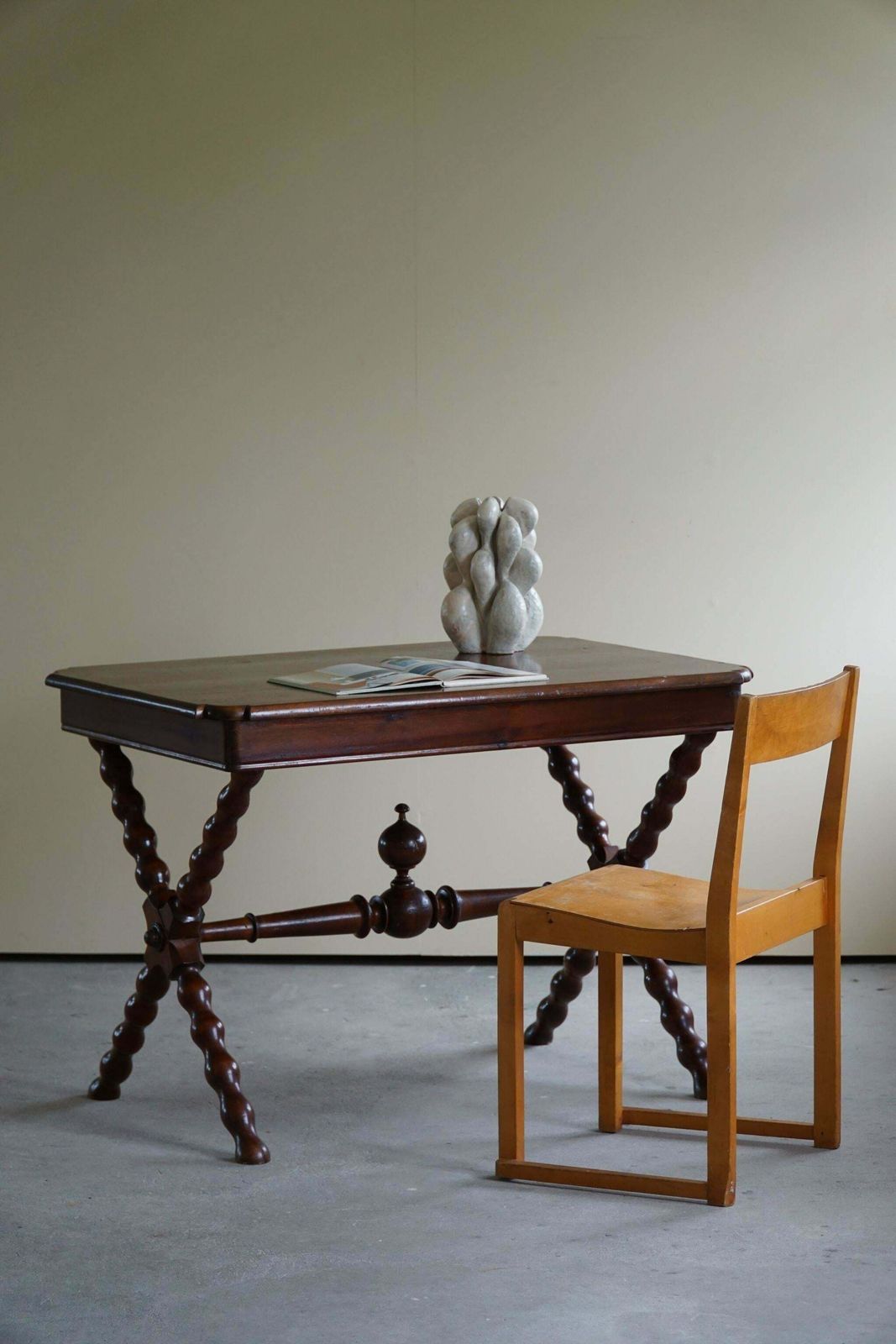 photo furniture French Sculptural Baroque Style Desk In Stained Pine, Early 20th Century