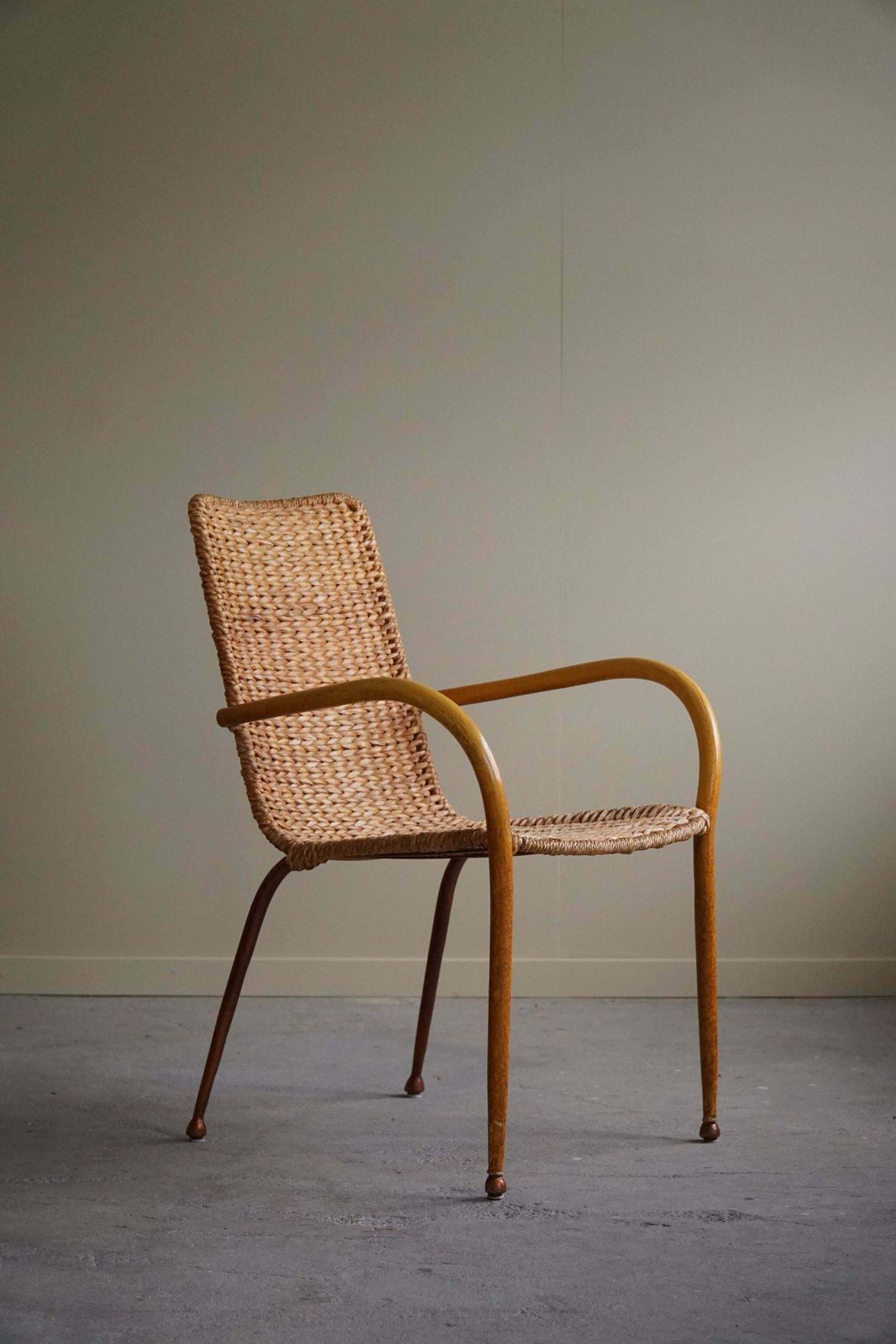 Set Of 4 Italian Vintage Armchairs In Wicker And Birch Mid Century Modern 1950 photo vinterior