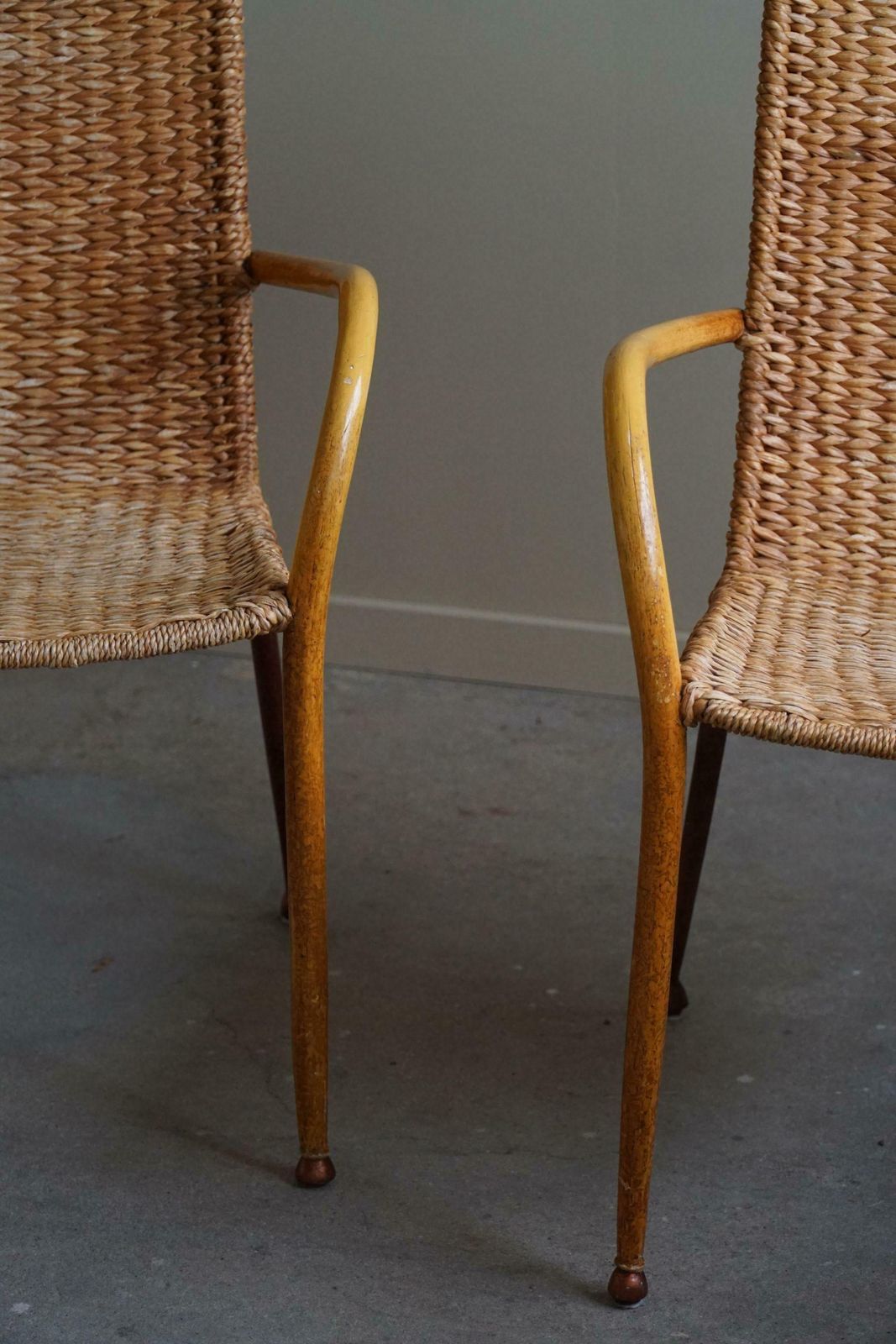photo for sale Set Of 4 Italian Vintage Armchairs In Wicker And Birch Mid Century Modern 1950