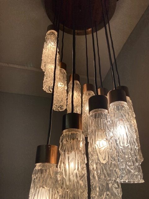 Modern Design Pendant Lamp From The 70s With 12 Murano Glass Glasses. photo for sale