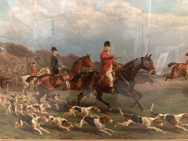photo furniture Ancient Watercolor Engraving From The 19th Century Depicting A Hunting Scene In A Golden Frame