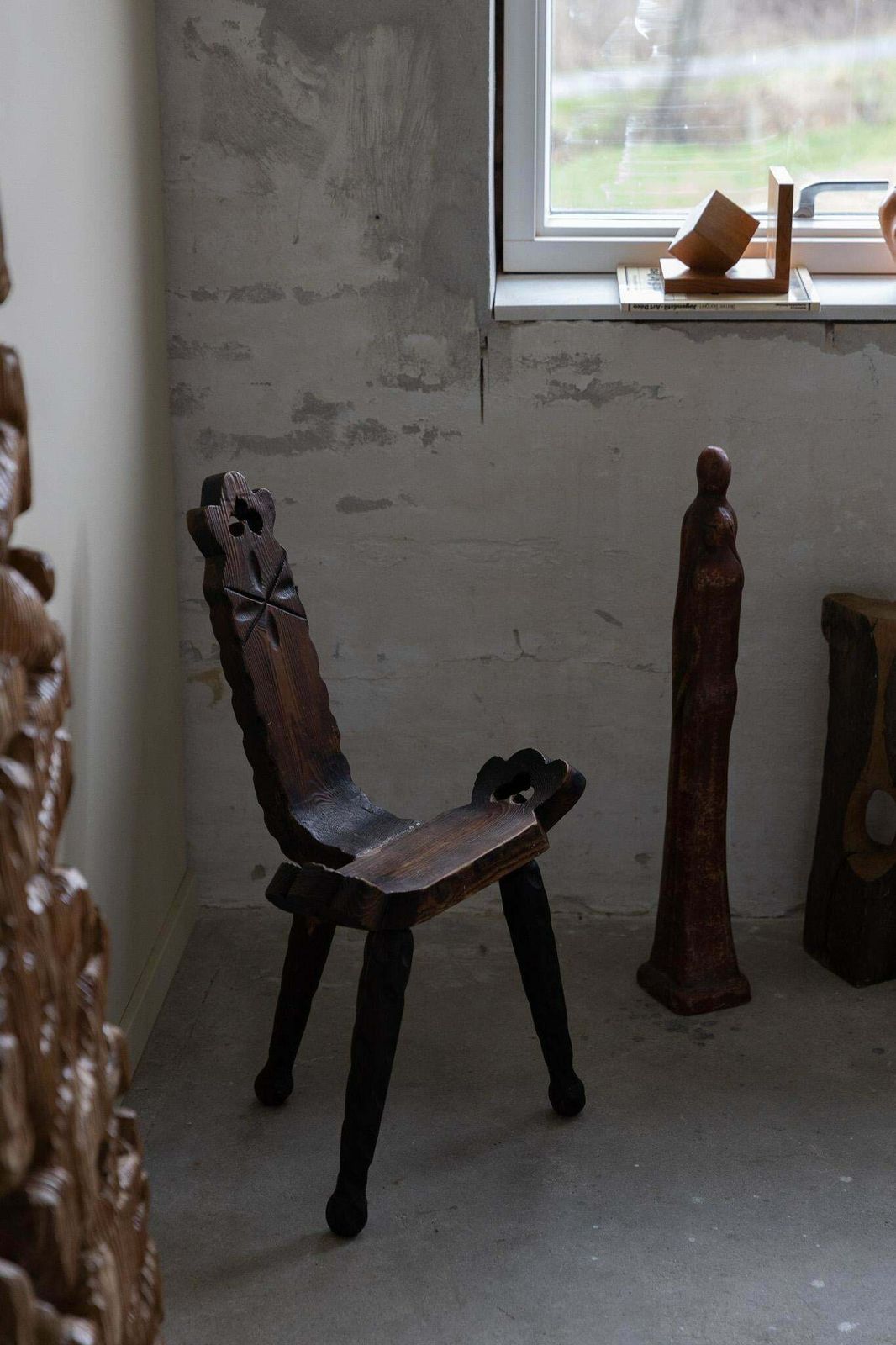 Wabi Sabi French Wooden Carved Tripod Chair, Early 20th Century photo for sale