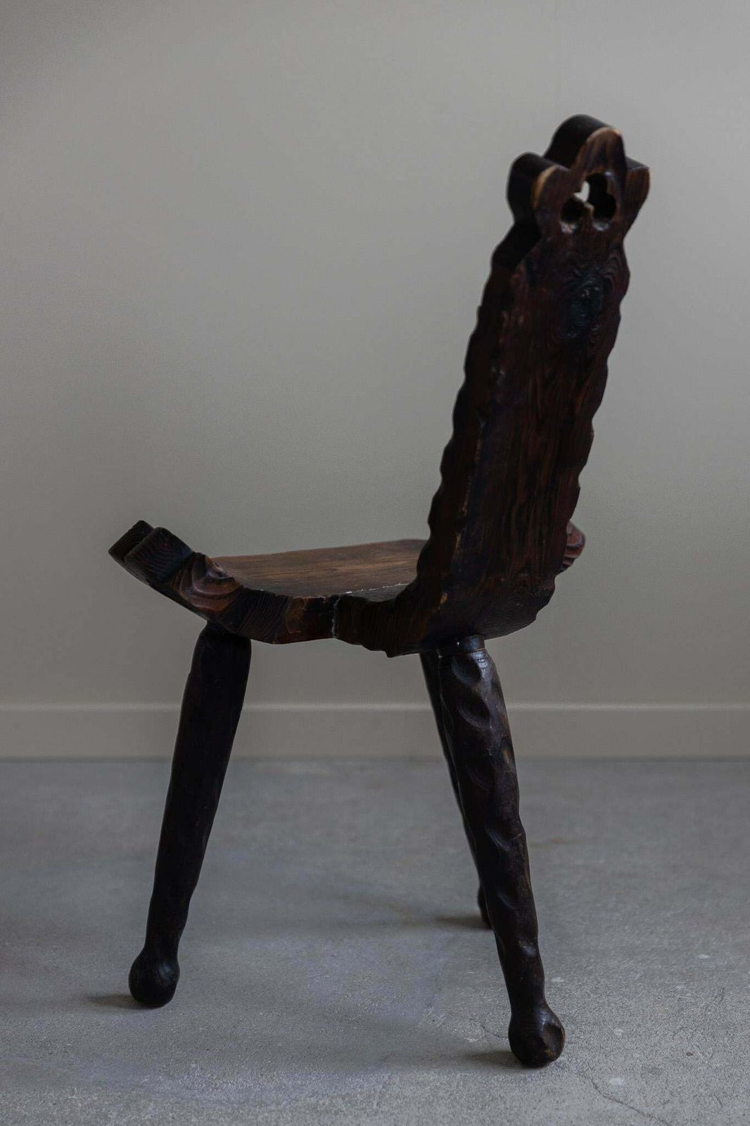 Wabi Sabi French Wooden Carved Tripod Chair, Early 20th Century photo Furniture