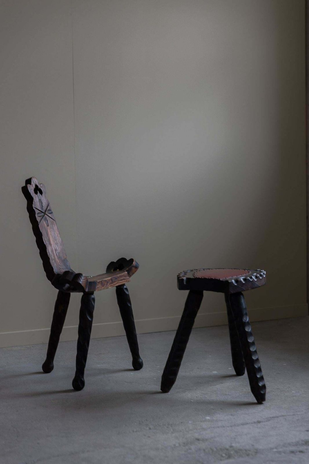 Wabi Sabi French Wooden Carved Tripod Chair, Early 20th Century photo buy