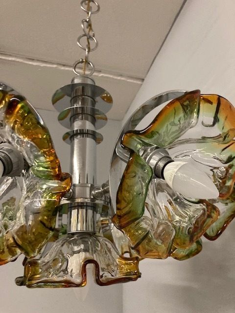 Vintage Mazzega Chandelier From The 70s. No. 7 Light Points Restored Murano Flowers. Modern! photo vintage