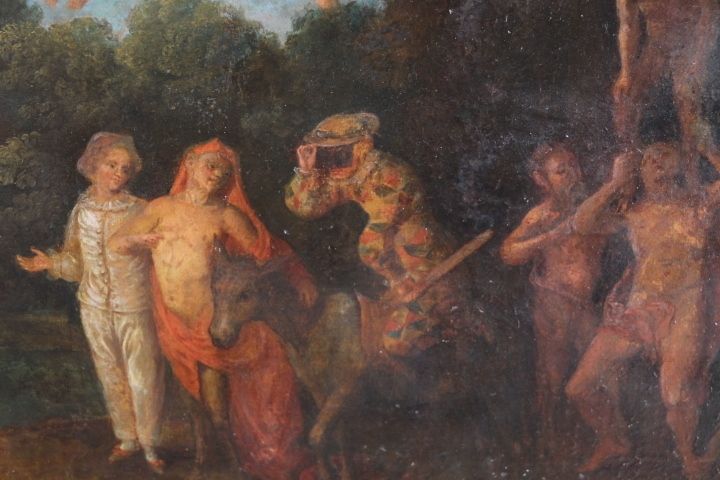 Ancient Painting France 18th Century Gallant Scene With Harlequin, Coeval Frame photo furniture