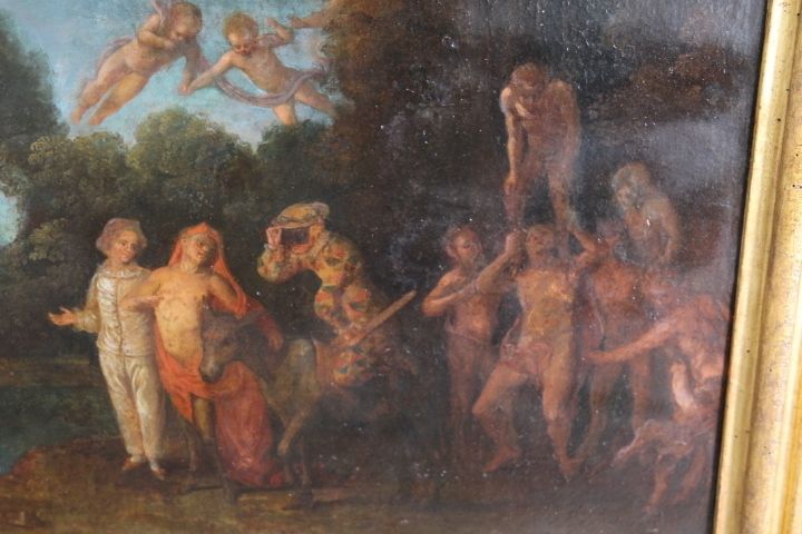 Ancient Painting France 18th Century Gallant Scene With Harlequin, Coeval Frame photo for sale