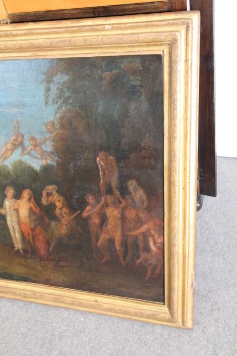 photo vintage Ancient Painting France 18th Century Gallant Scene With Harlequin, Coeval Frame