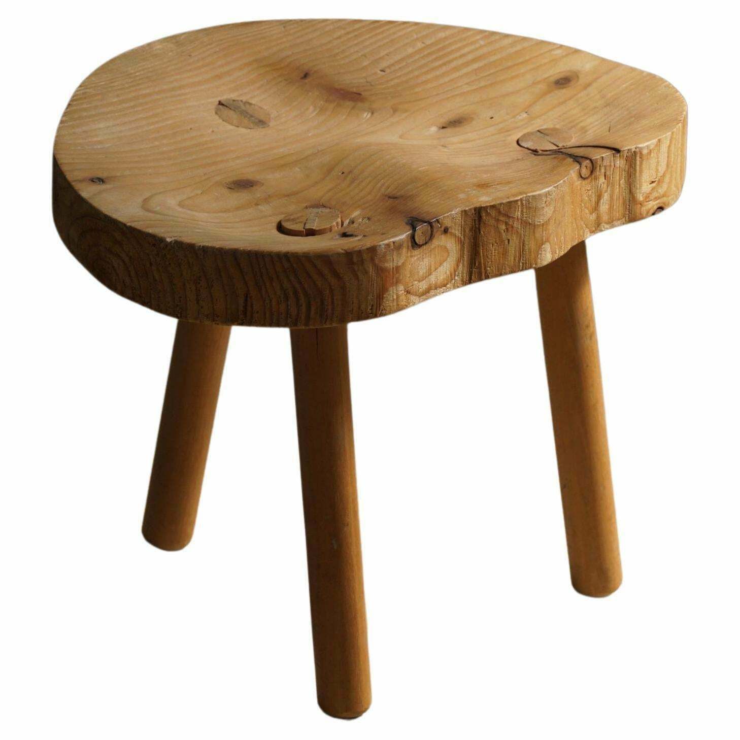 Tripod Stool In Solid Pine Wood, By Swedish Cabinetmaker, Mid Century, Ca 1960s