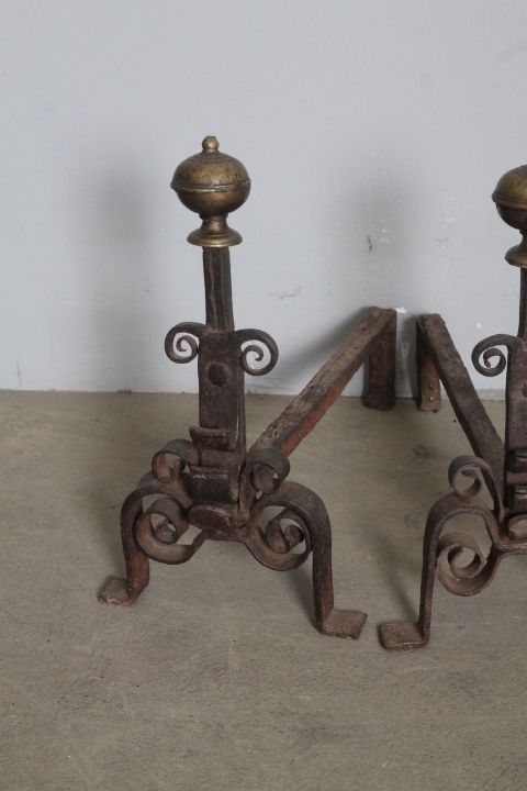Ancient Pair Of Fireplace Andirons In Iron And Brass From The 18th Century photo furniture