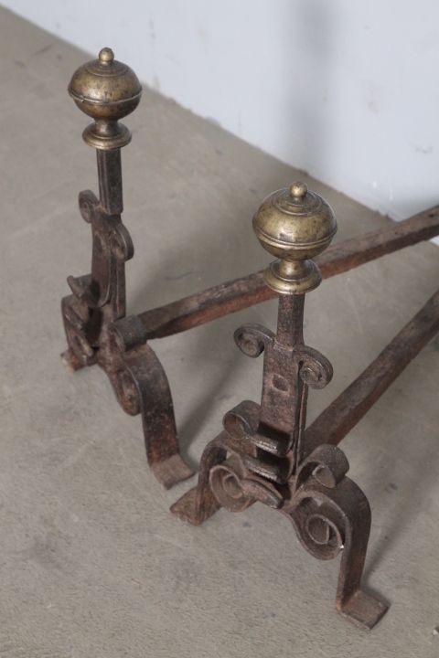 Ancient Pair Of Fireplace Andirons In Iron And Brass From The 18th Century photo buy