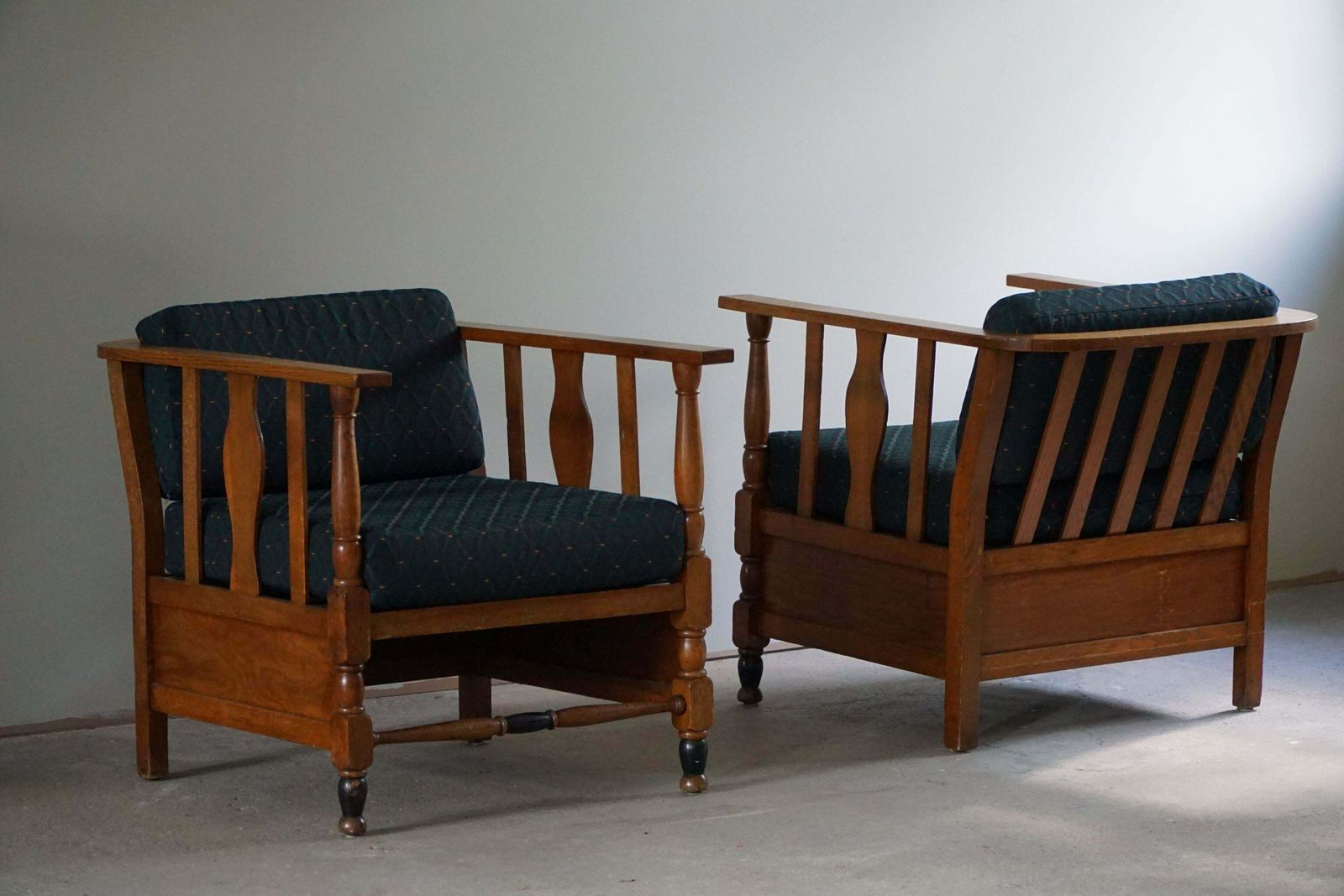 Art Nouveau, Pair Of Lounge Chairs In Oak, Reupholstered In Style Fabric, 1920s photo vintage