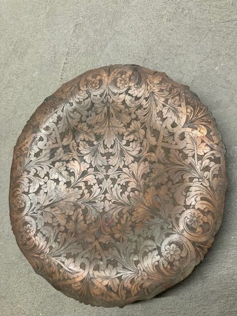 Home Decor Antique Copper Centerpiece With Floral Embossing. Italy 19th Century photo