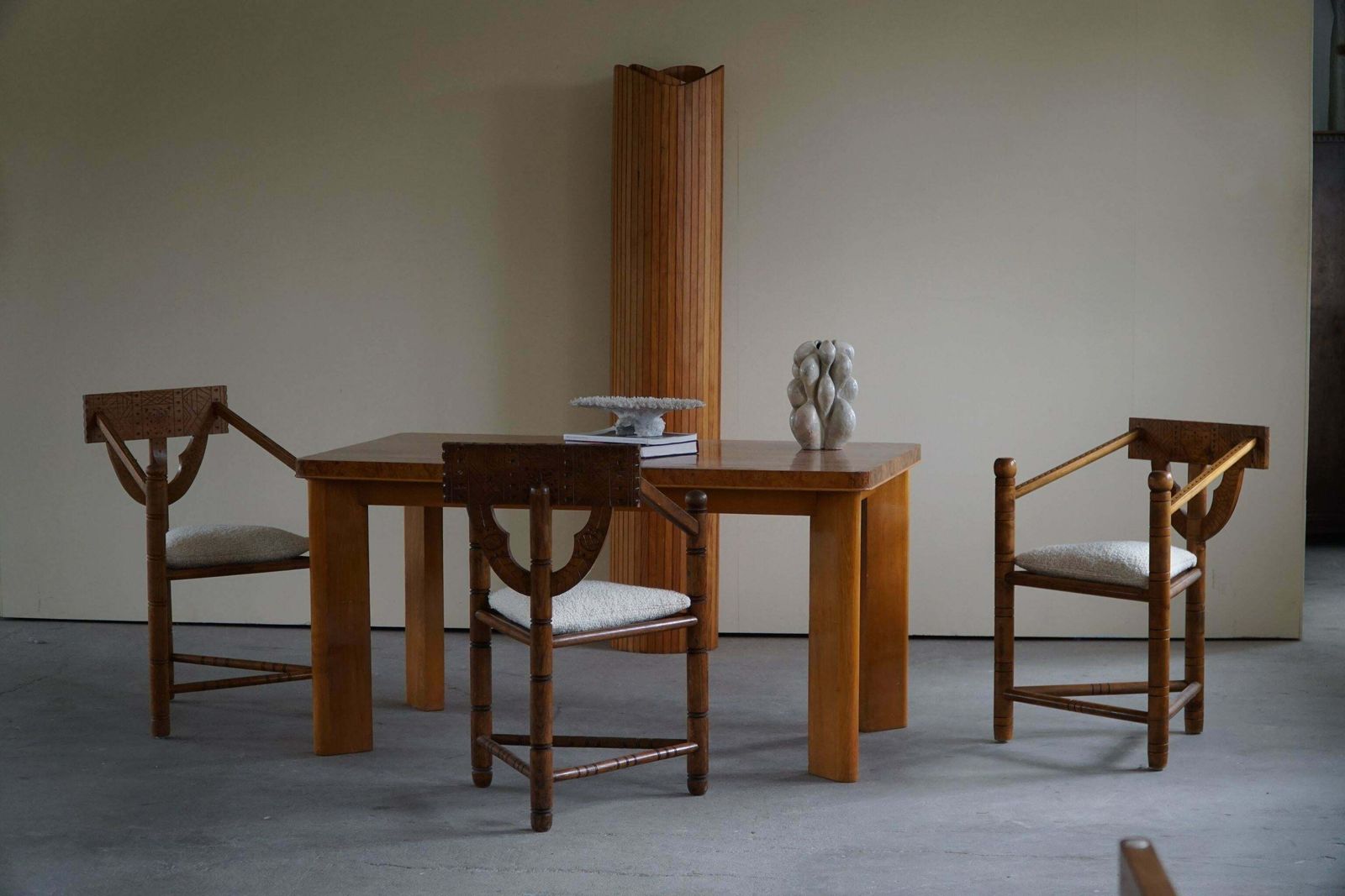 Set Of 6 Swedish Monk Chairs With Bouclé Seats, Wabi Sabi, Early 20th Century photo for sale