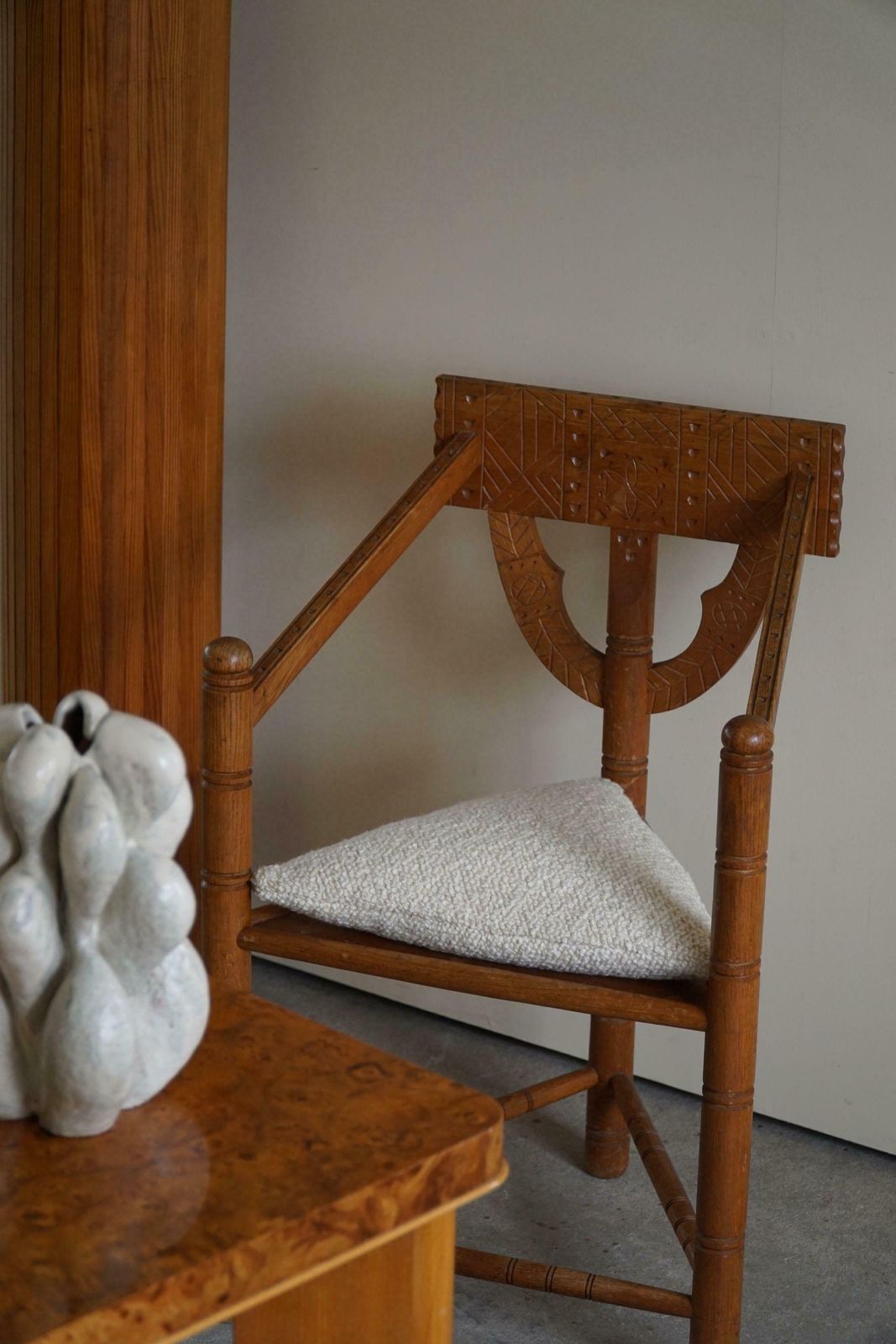 photo buy Set Of 6 Swedish Monk Chairs With Bouclé Seats, Wabi Sabi, Early 20th Century