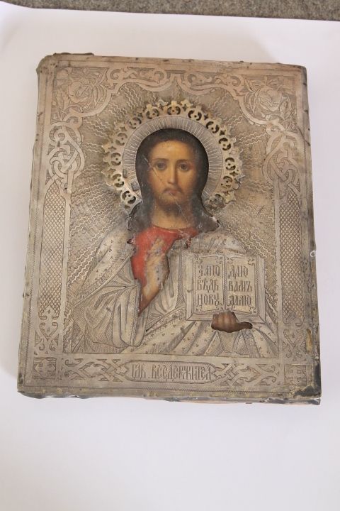 Ancient Icon In Silver And Painted Christ Blessing 19th Century. Size Cm 18 X Cm 15