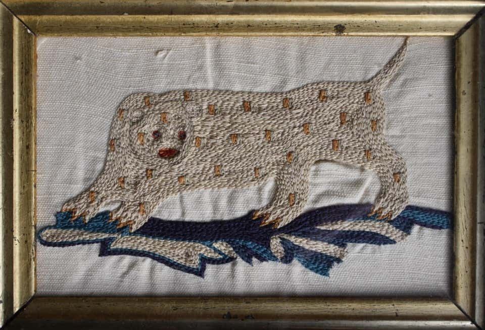 Pair Of Early 19th Century Silk Embroidery Folk Art Animals Elephant & Leopard photo buy