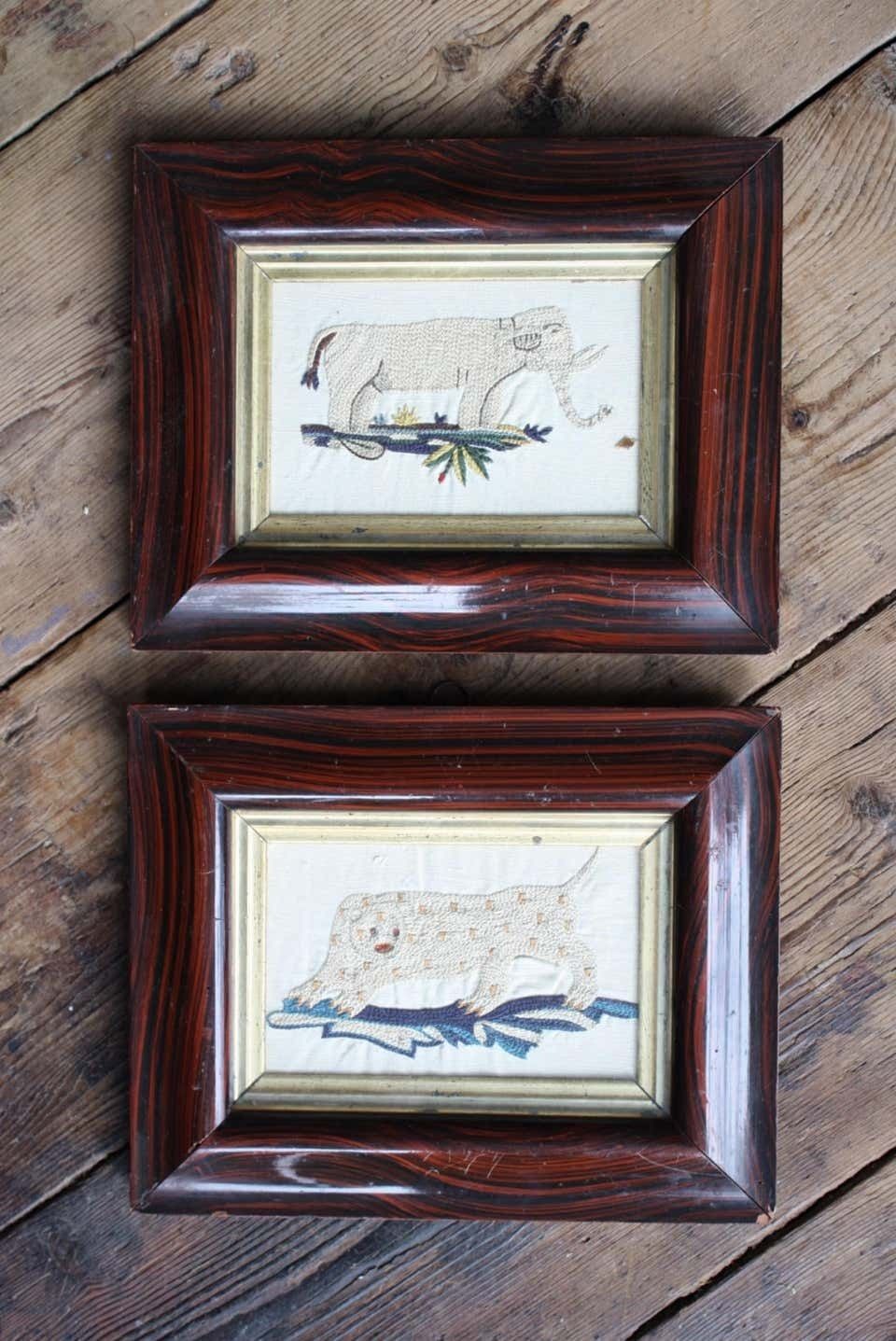 photo vintage Pair Of Early 19th Century Silk Embroidery Folk Art Animals Elephant & Leopard