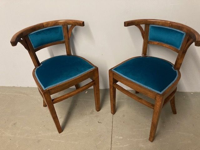Antique Pair Of Walnut Art Deco Cockpit Armchairs From 1940. Restored Modern Antiques Petroleum Fabric photo furniture