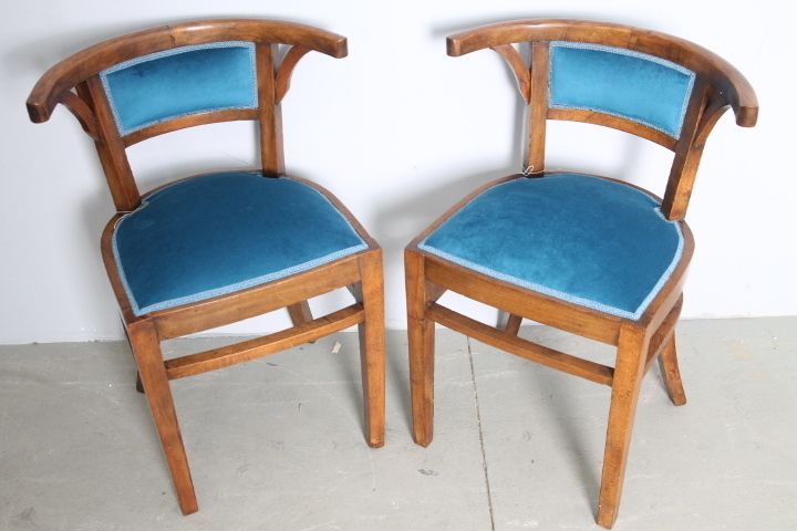 photo for sale Antique Pair Of Walnut Art Deco Cockpit Armchairs From 1940. Restored Modern Antiques Petroleum Fabric