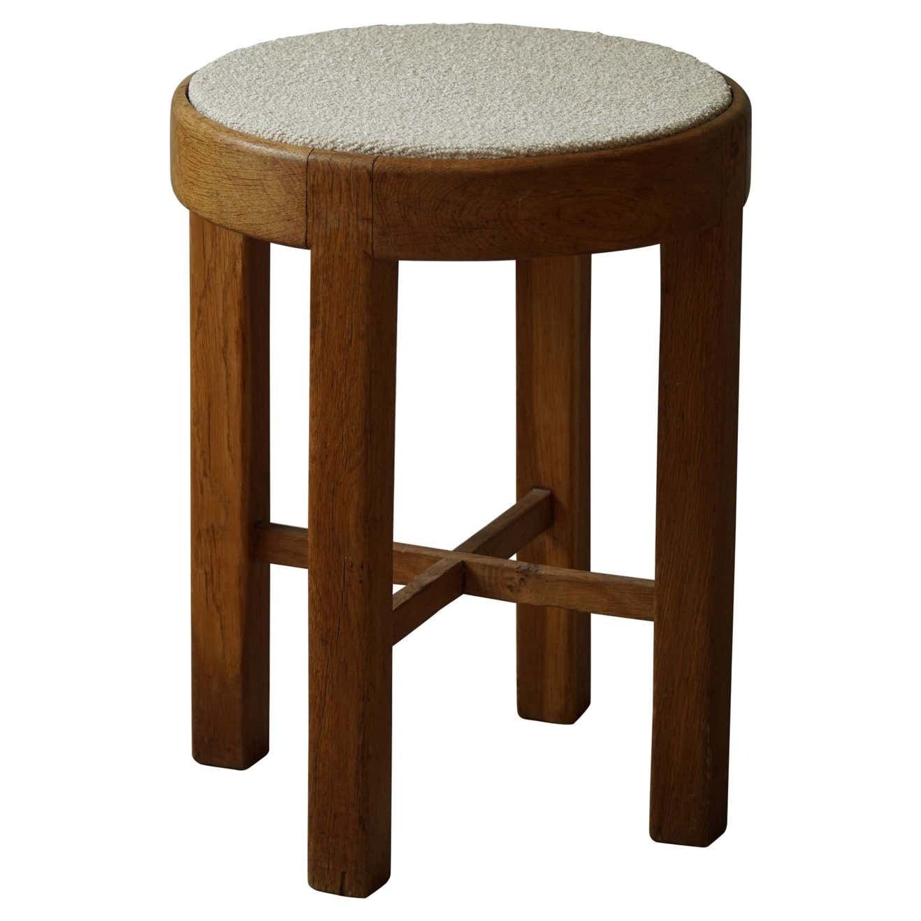 Danish Mid Century Stool In Oak And Reupholstered In Bouclé Wool Ca 1950s
