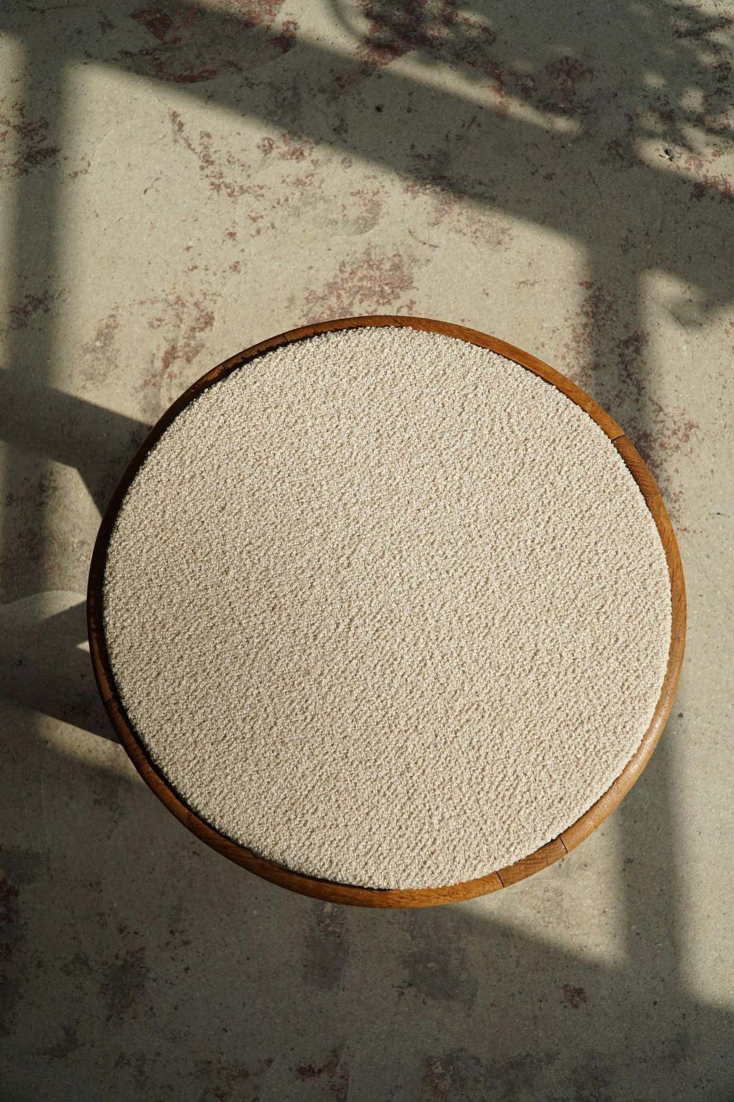 Danish Mid Century Stool In Oak And Reupholstered In Bouclé Wool Ca 1950s photo for sale