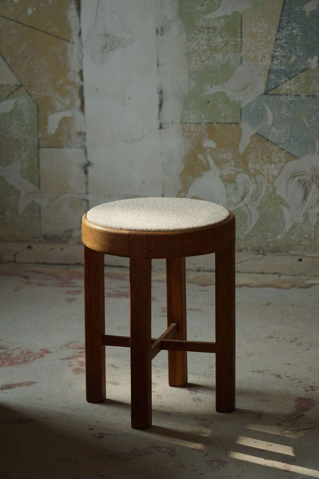 Danish Mid Century Stool In Oak And Reupholstered In Bouclé Wool Ca 1950s photo buy