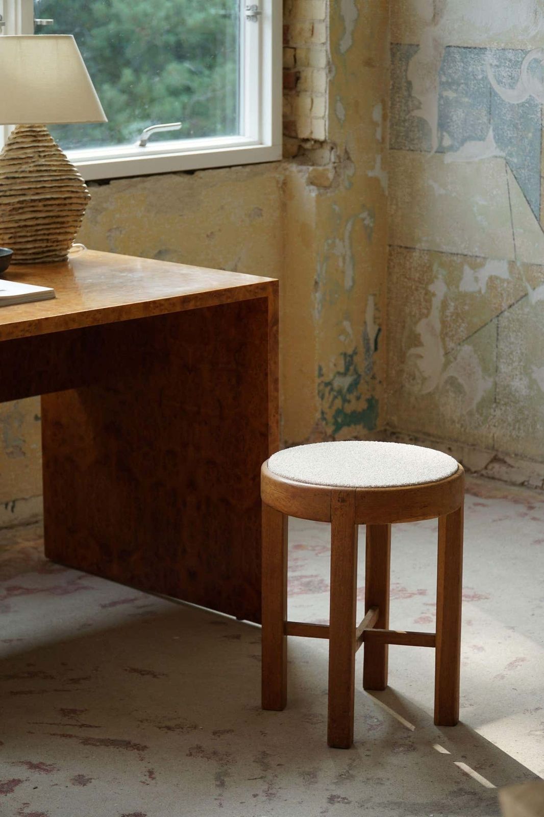 Furniture Danish Mid Century Stool In Oak And Reupholstered In Bouclé Wool Ca 1950s photo