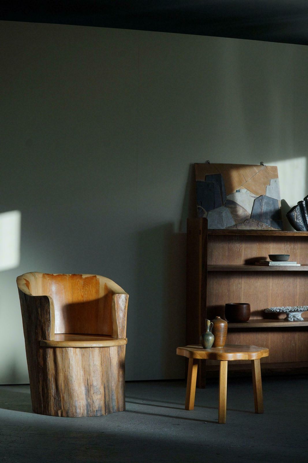 Sculptural Carved Wabi Sabi Brutalist Stump Chair In Solid Pine, Swedish, 1968 photo vinterior