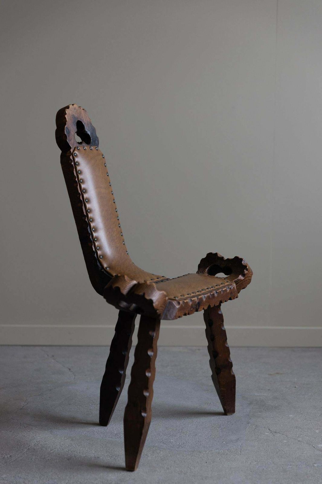 photo for sale Wooden Carved Tripod Chair With Leather Seat   Wabi Sabi   Early 20th Century