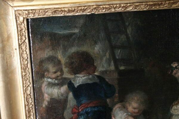 photo vintage Ancient Pair Of 18th Century Paintings "Gioco Di Putti" In Gold Leaf Frame.