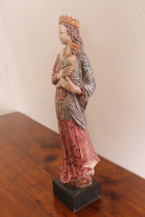 Ancient Virgin Sculpture In Polychrome Majolica From The 1950s, H 70 Cm. Signed Benini Faenza photo furniture