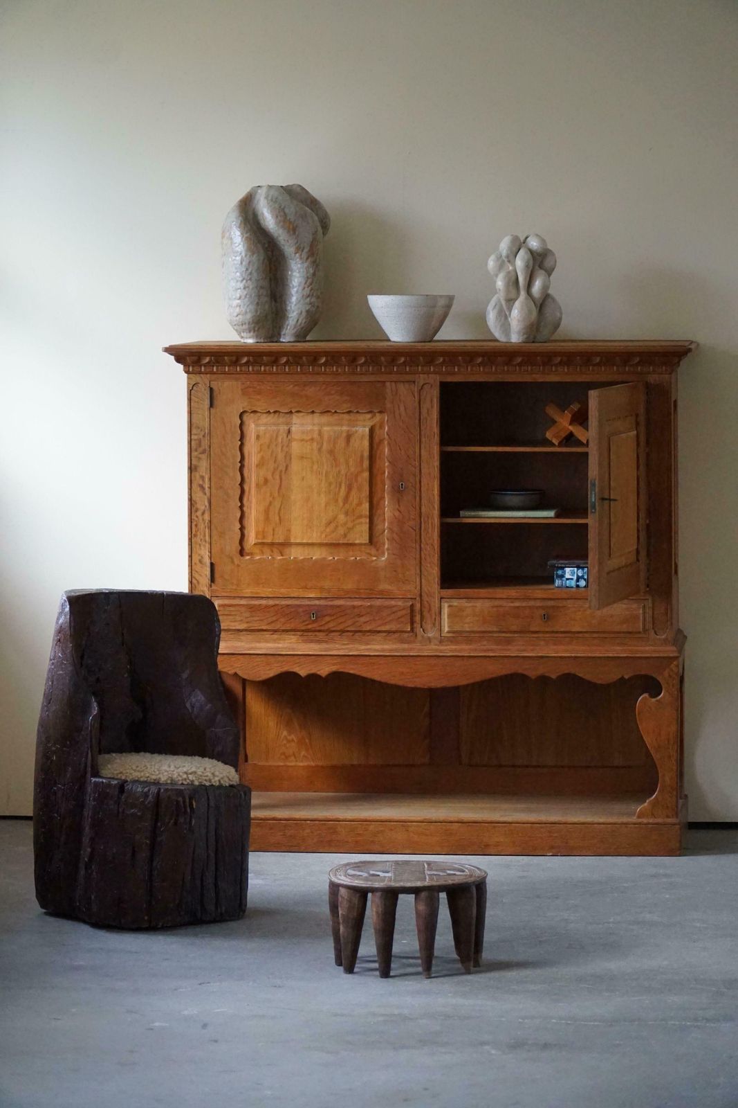 Handcarved Swedish Primitive Wabi Sabi Stump Chair   Lambswool Seat   1900s photo for sale