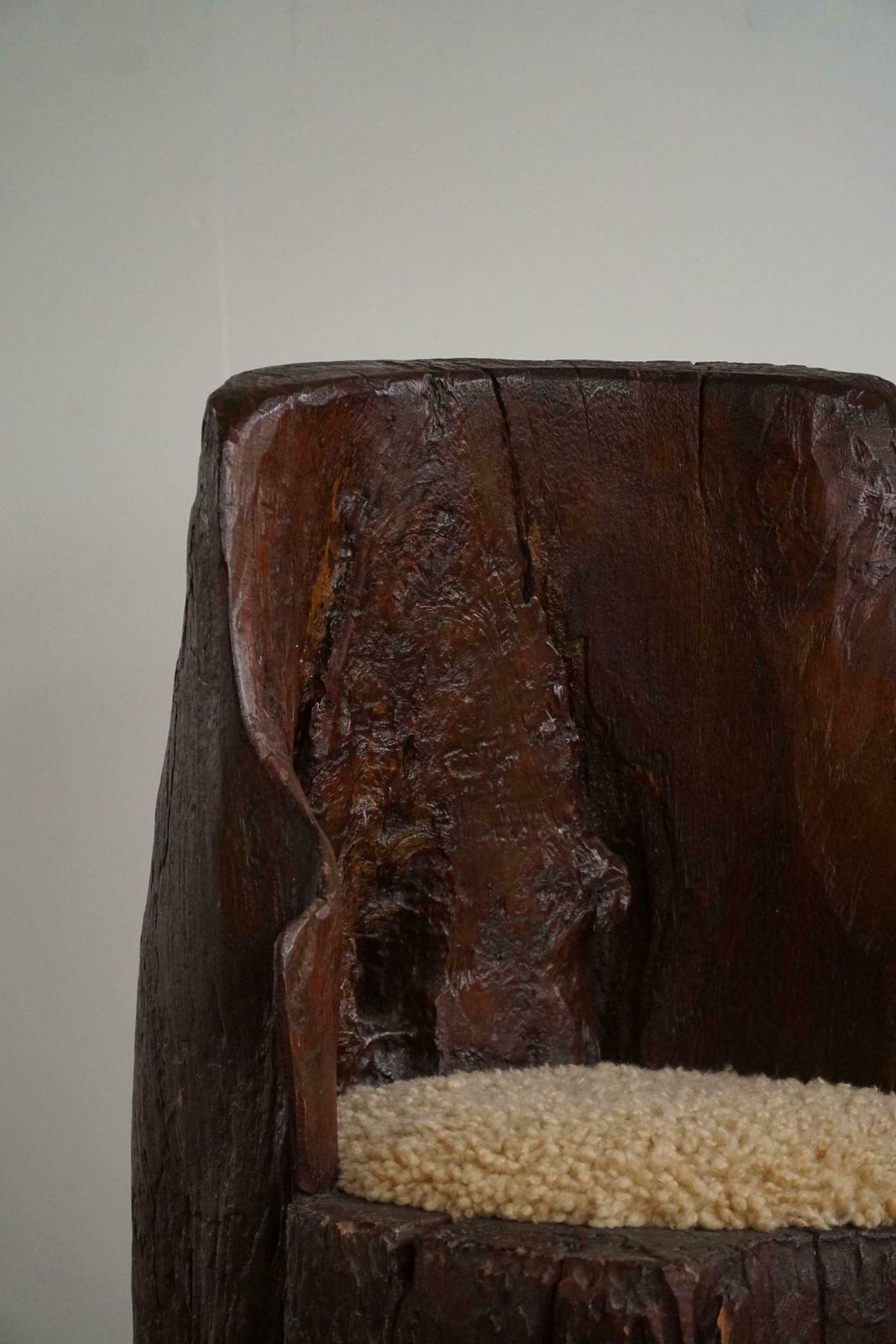 Handcarved Swedish Primitive Wabi Sabi Stump Chair   Lambswool Seat   1900s photo 1967.0