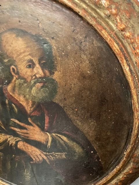 Ancient Round Oil Painting On Panel From The 17th Century St. Peter In Patina With Coeval Frame photo Art
