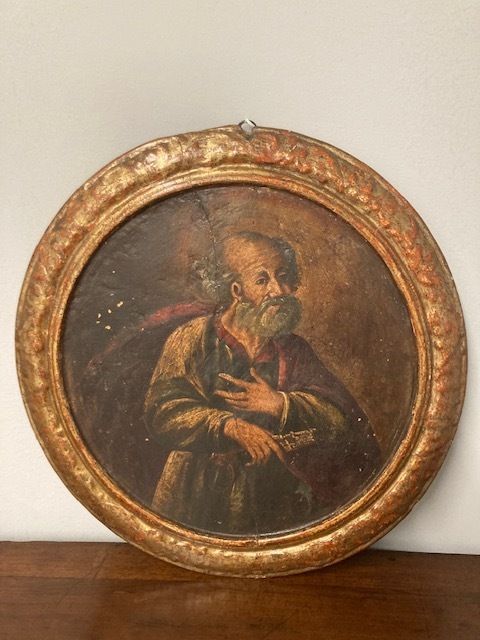 Art Ancient Round Oil Painting On Panel From The 17th Century St. Peter In Patina With Coeval Frame photo