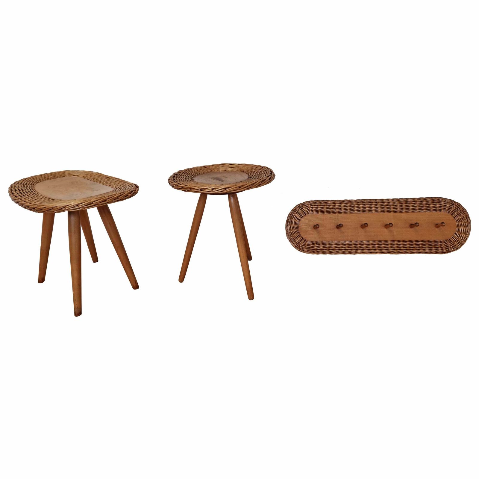 Set Of Rattan And Wood Stools With Wall Coat Rack Uluv, Jan Kalous, 1960s