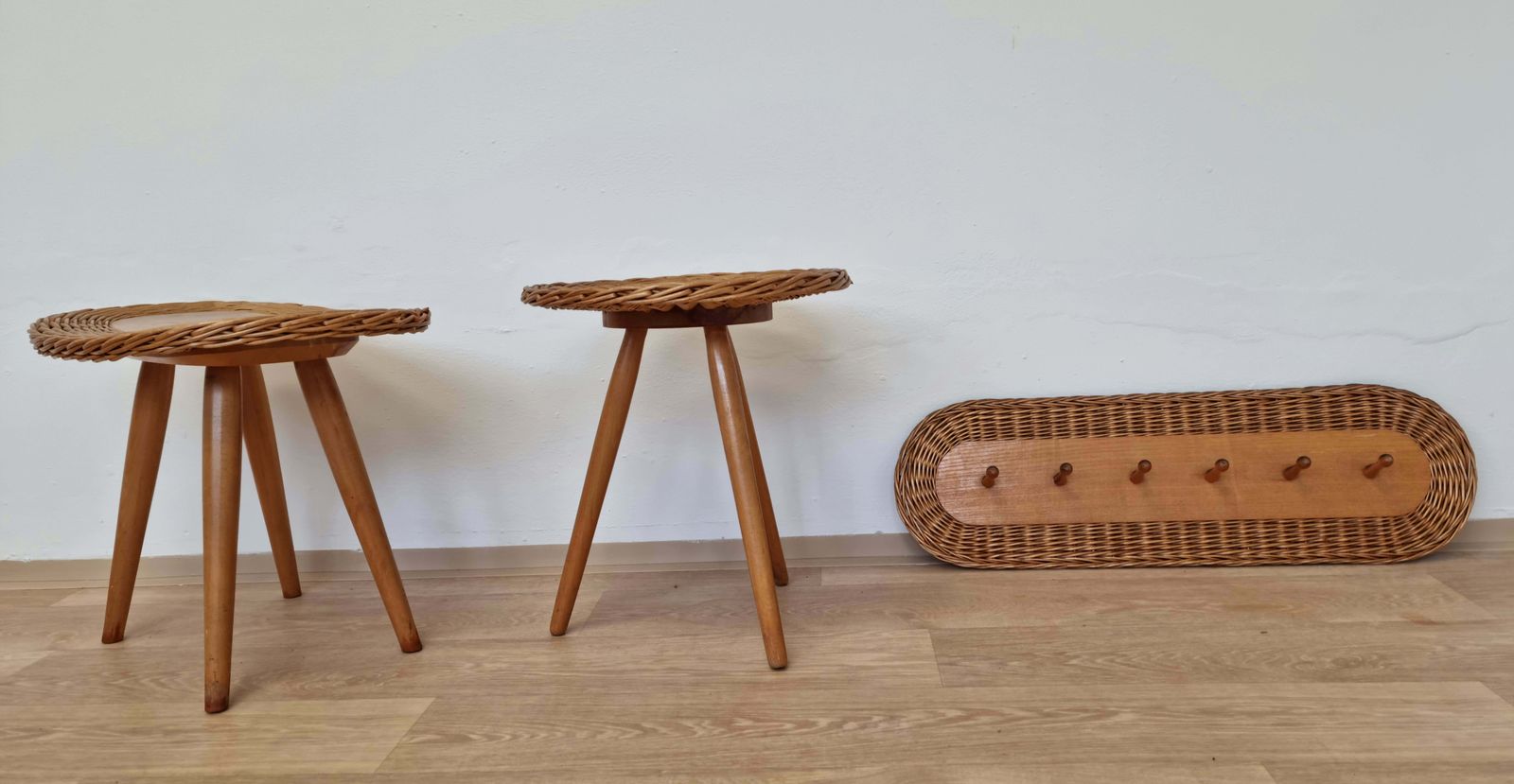 Set Of Rattan And Wood Stools With Wall Coat Rack Uluv, Jan Kalous, 1960s photo Furniture
