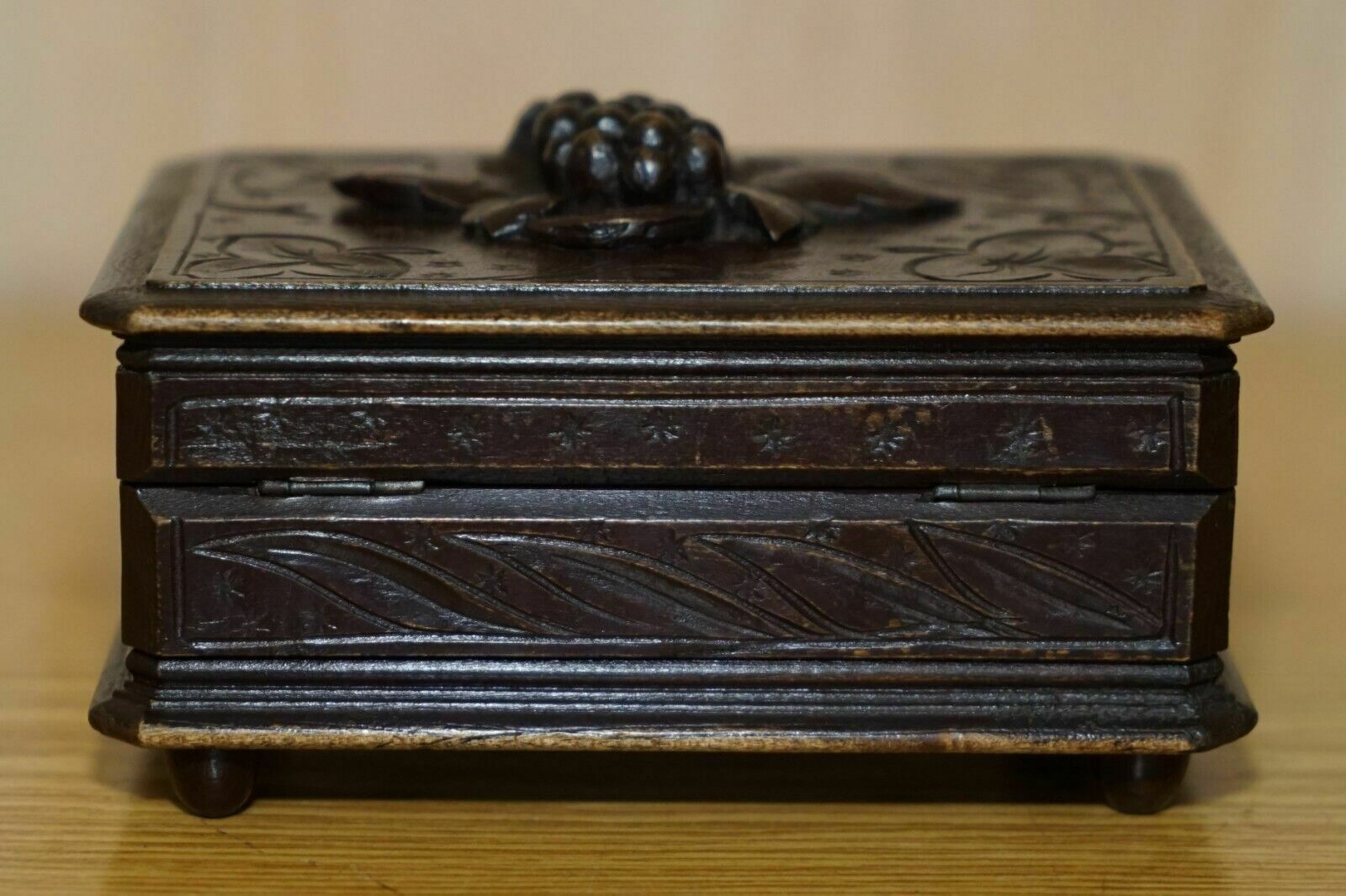 Original Antique Grape Vine Carved Black Forest Wood Music Box Needs Service photo vintage