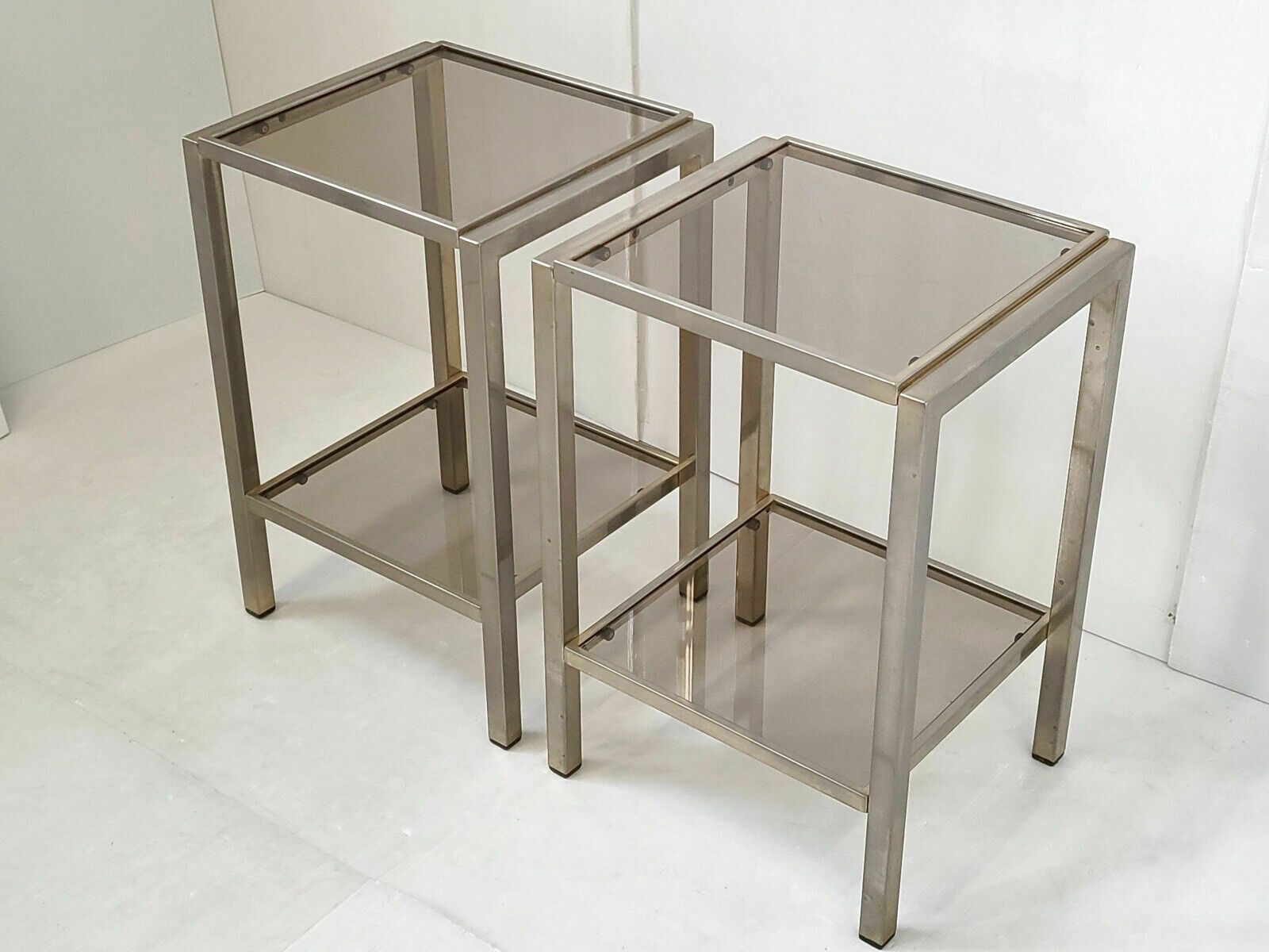 Paar Vintage Stalen Bijzettafels Met Rookglas, Jaren 1970 photo buy