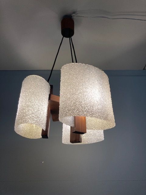Antique Design Chandelier With Three Lights From The 70s, Swedish Style In Teak. Modern Design. Restored And Overhauled !! photo furniture