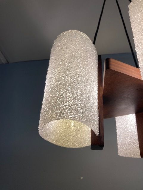 Antique Design Chandelier With Three Lights From The 70s, Swedish Style In Teak. Modern Design. Restored And Overhauled !! photo Lighting